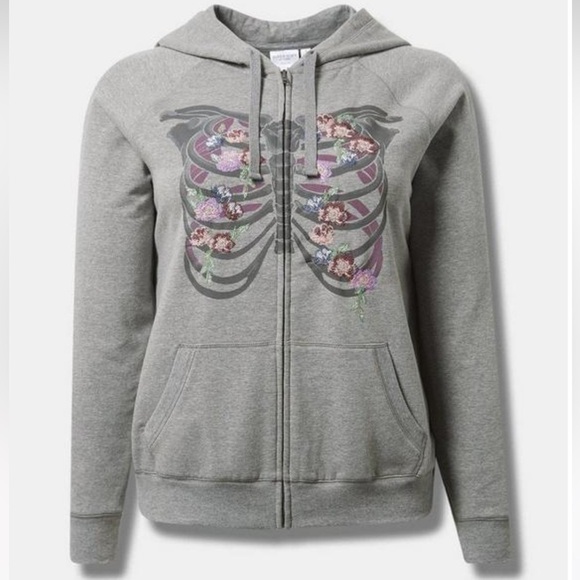 New! Torrid sz 3 Rib Skeleton Floral Super Soft Fleece Hoodie Sweater 3X - Picture 1 of 3